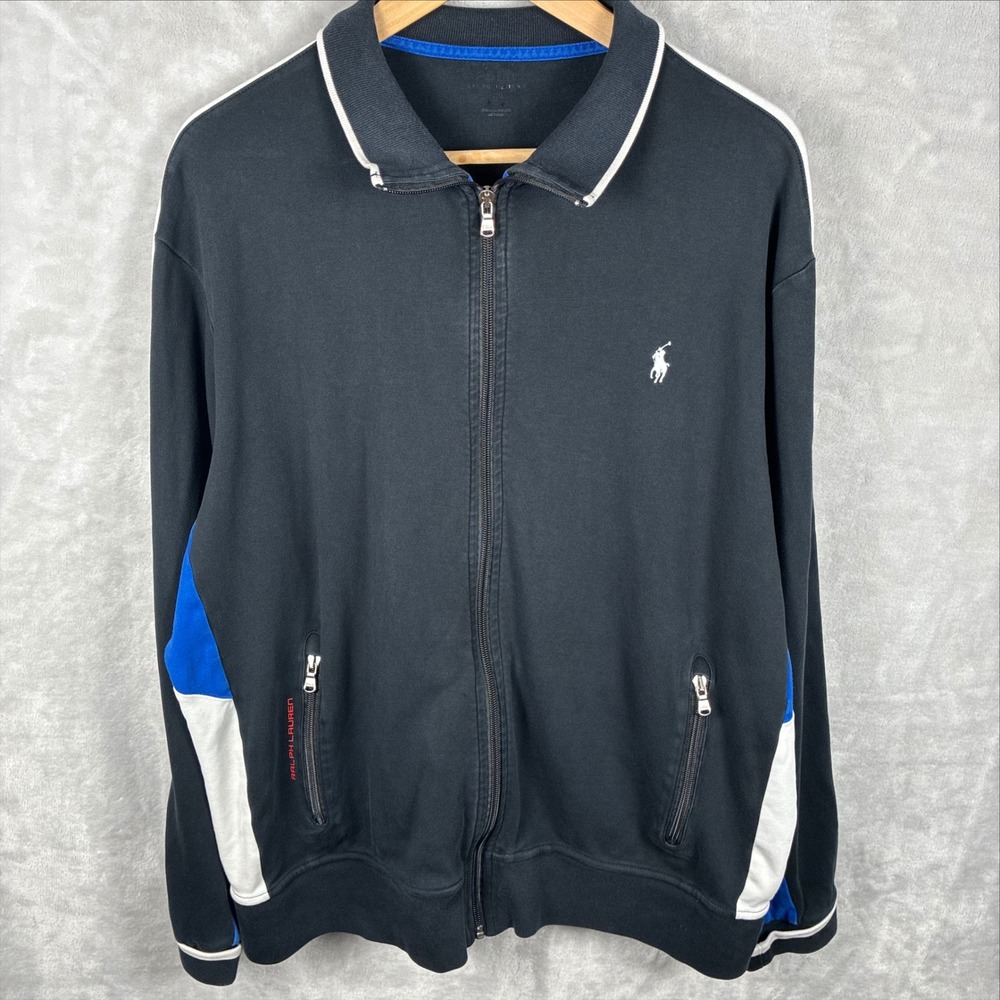Polo Ralph Lauren Mens Black Track Jacket Full Zip Colorblock Blue White XL